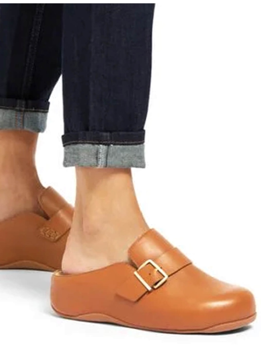 Fitflop Cognac Leather Slip-On Mule with Buckle  women size 8.5